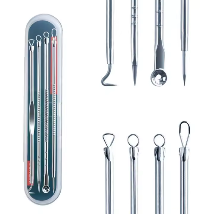 4 unids/set juego de agujas para acné de acero inoxidable, portátil, herramientas de belleza y maquillaje, limpieza profesional de acné facial, puntos negros - 1