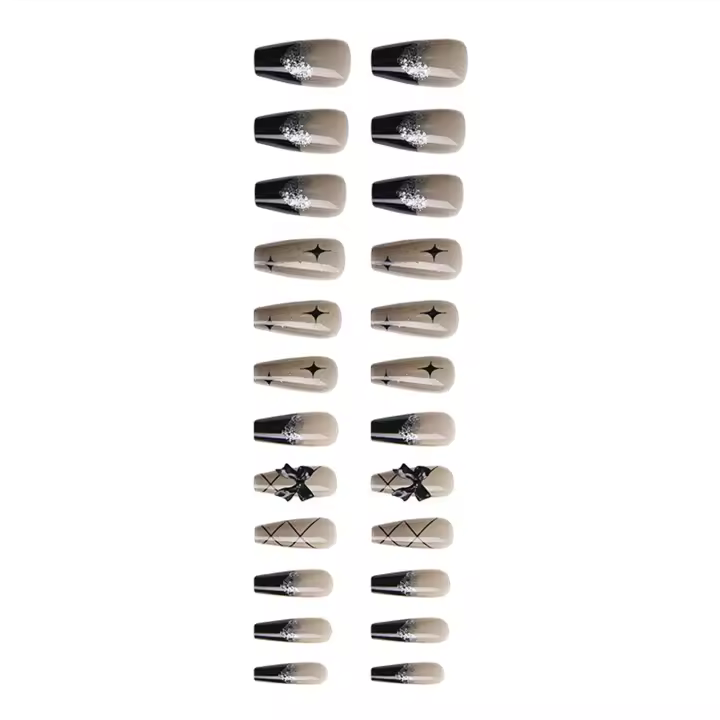 Uñas Falsas con Lazo Negro y Patrones de Estrellas Ideal para Principiantes en Arte de Uñas - 1