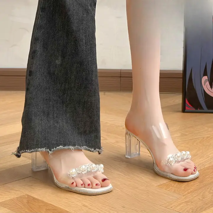 Sandalias de Moda Versátiles Tacón Medio Transparente Diamantes de Imitación Zapatillas Geniales - 1