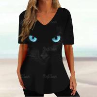 Camiseta Gráfica de Gato Kawaii Manga Corta, Estampado Haruku, Cuello en V, Ropa Suelta para Mujeres - details 2