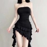 Vestido Negro sin Correas de Moda de Verano Vestido de Manga Irregular con Volantes para Mujeres - details 0