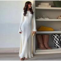 Maxivestido de punto con dobladillo y volantes para mujer, traje elegante acampanada de manga larga con cuello redondo y espalda - details 6