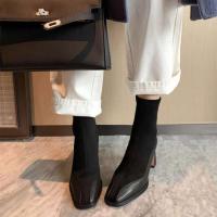 2024 nueva delgada gamuza patchwork mujer corto otoño e invierno tacón grueso elástico botas ajustadas - details 3