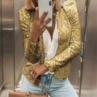 Chaqueta de Lentejuelas Versátil de Moda Manga Larga, Cuello Abierto, Brillo - details 5