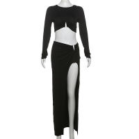 BUNO-Conjunto de 2 piezas de tendencia de otoño para mujer, Tops cortos de manga larga fruncidos con hebilla de Metal elegante + faldas con abertura alta, trajes ajustados a juego - details 10