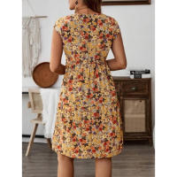 2025 nueva falda de manga corta con cintura elástica estampada elegante para mujer, vestido con cuello en V - details 6
