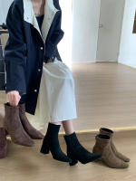 Botas cortas Tacón alto Tacón grueso Cremallera trasera Cabeza cuadrada Botas de moda versátiles - details 19