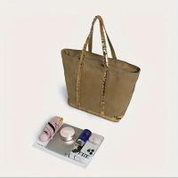 Bolso de mano de gran capacidad para mujer con acento de lentejuelas - Bolso de hombro elegante con cierre de cremallera, forro de poliéster duradero y correa fija, bolso elegante para el día a día para el trabajo, viajes, compras (gris claro/marrón oscur - details 6