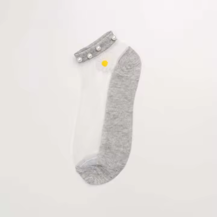 Calcetines tobilleros ultrafinos de verano para mujer, medias de encaje elásticas de seda y perlas, calcetines de malla con margaritas - 1
