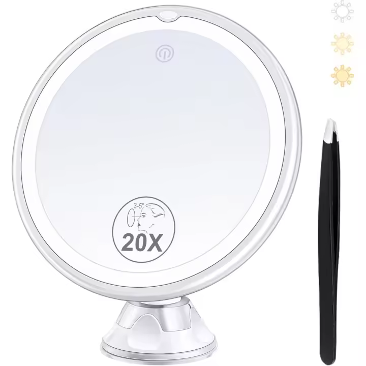 MIYADIVA 20X Luz, Ventosa Iluminada y Pinzas, Espejo de Aumento de 3 Colores, Rotación de 360, Espejo de Maquillaje con Barra de Luz Encendida - 1