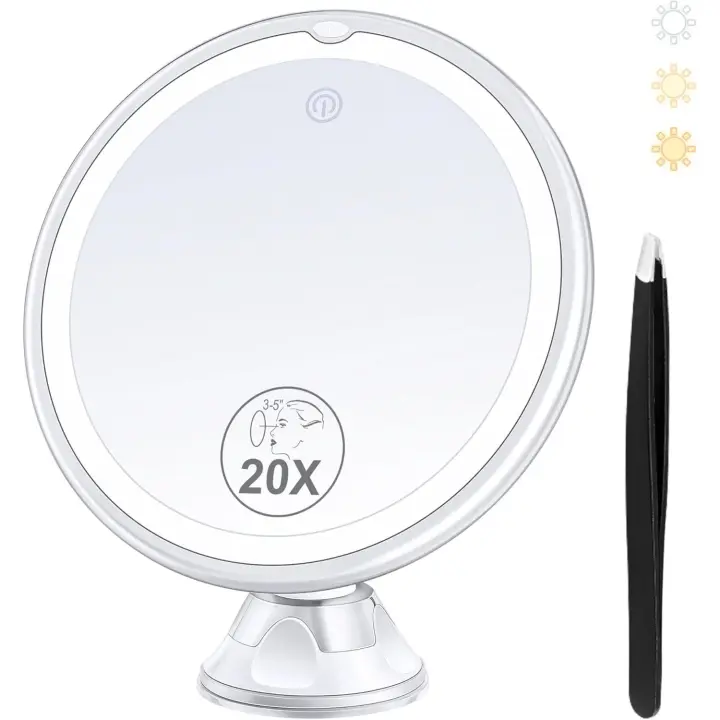 MIYADIVA 20X Luz, Ventosa Iluminada y Pinzas, Espejo de Aumento de 3 Colores, Rotación de 360, Espejo de Maquillaje con Barra de Luz Encendida - 1