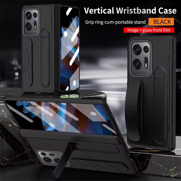 Funda de teléfono de pulsera Vertical de lujo para OPPO Find N2, con soporte integrado y película frontal de vidrio - 1