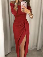 BUNO-Vestido de moda informal para mujer, vestido largo de fiesta de noche ajustado de manga larga con hombros descubiertos para mujer Vestidos de tubo divididos asimétricos - details 5