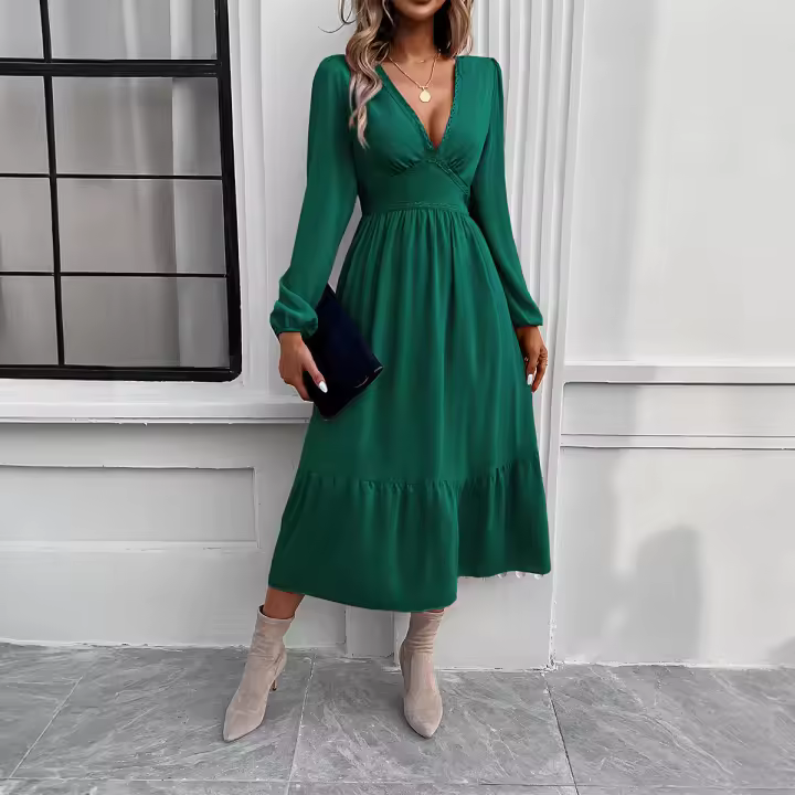 Vestido largo elegante de color sólido con cuello en V para otoño e invierno - 1
