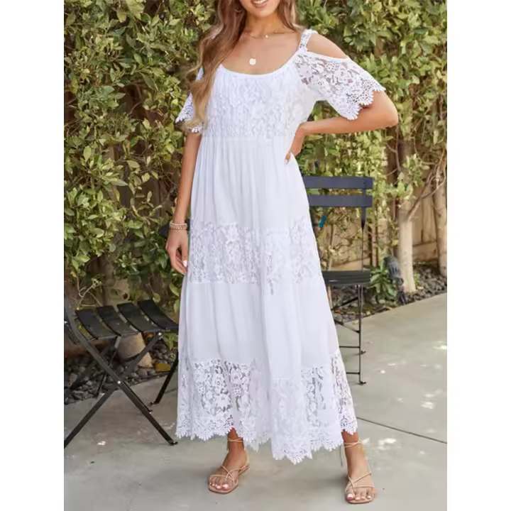2025 nueva correa de mujer vendedora caliente, empalme de malla de algodón, encaje, vestido largo de Beach Resort - 1