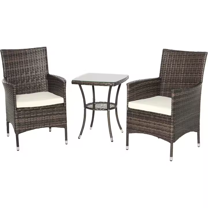 Juegos de muebles de ratán para jardín, incluye 1 mesa y 2 sillones con cojines, estructura de metal para terraza o patio, color marrón. - 1