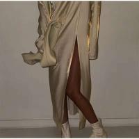 Vestido informal suelto para mujer, cuello en V, hombrera, manga larga, bata con ventilación para mujer, primavera 2025, nueva moda, vestidos rectos elegantes para mujer - details 7