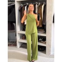 Moda Casual Color Sólido Camisola Asimétrica Top, Conjunto Pantalones Pierna Ancha, Mujer 2025 Verano Nuevo - details 4