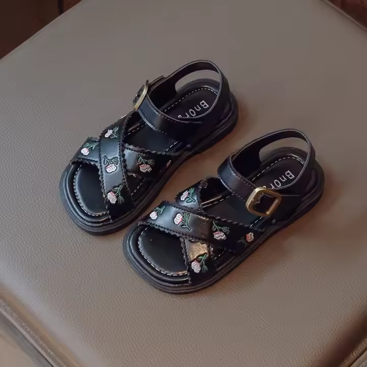 Sandalias planas informales con bordado de flores para niños, zapatos de playa versátiles, Punta abierta, Princesa, Verano - 1