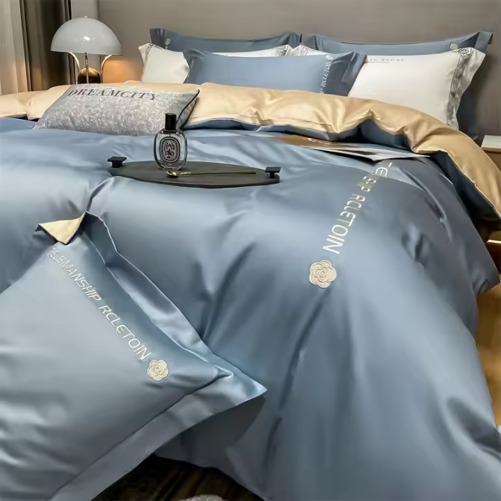 Juego de cama de cuatro piezas de seda lavada con bordado de alta gama, funda de edredón de tencel, sábana ajustable, juego de cama de tres piezas - 1