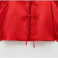OUWU- Blusas Rojas de Moda con Mangas Abullonadas para Mujer, Blusa Casual con Cuello Redondo y Cordones, Elegantes Tops de Oficina para Mujer Primavera 2025 - details 8