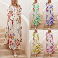 2025 primavera nuevo vestido de playa para mujer de Amazon vestido europeo y americano de impresión elástica de cuatro lados con péndulo ajustado - details 2