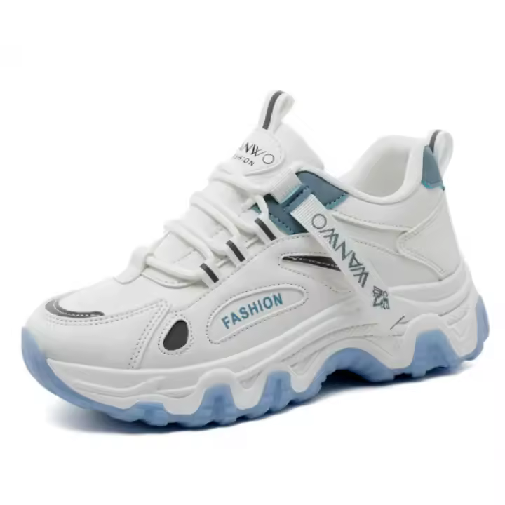 YTMLDY Zapatillas de deporte gruesas para mujer en blanco y azul claro, cubierta sintética ligera y transpirable, plantilla gruesa de EVA acolchada, zapatos deportivos informales con cordones para comodidad en todas las estaciones, calzado cómodo, zapatil - 1