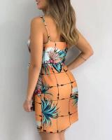 Vestido casual con cuello en V y estampado tropical para mujer, minivestido sin mangas para vacaciones de verano - details 6