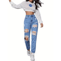 Pantalones vaqueros rasgados de cintura para mujer Pantalones casuales para mamá - details 4