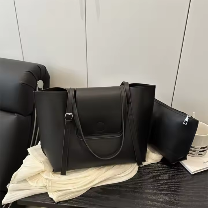2 unids/set de bolsos de mano versátiles para mujer, bolso de mano de gran capacidad de cuero Pu, bolso de hombro Simple de color sólido - 1