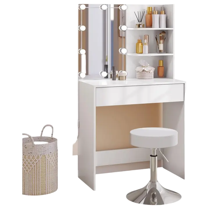 Tocador con Taburete, Tocador Maquillaje con Espejo y Luz, Mesa Tocador con Cajón Grande y 2 Estantes, Espejo, 10 Bombillas LED, Tocador Moderno para Dormitorio, Blanco, 75x40x136 cm, MB6113ws - 1