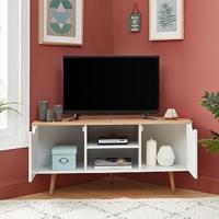 Mueble de TV, mueble de TV esquinero, salón, comedor, blanco, madera, madera maciza, pasacables