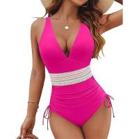 con control de barriga para mujer Traje de baño modesto adelgazante de una pieza con cordón de bloque de color - details 13