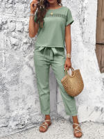 Conjuntos de verano de 2 piezas para mujer, Tops de manga raglán con pantalones, Verde S - details 24