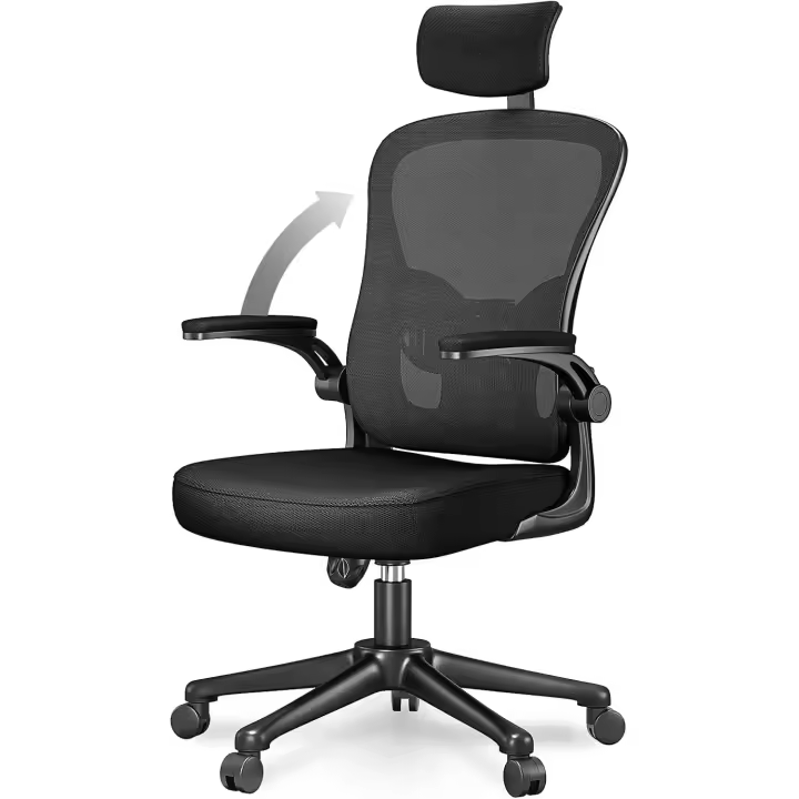 Silla de Oficina, Silla de Escritorio Ergonómica con Reposacabezas Ajustable y Soporte Lumbar, Respaldo de Malla Transpirable, Reposabrazos Abatibles de 90 ° , Silla Giratoria de 360 ° - 1