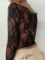 Combhasaki Y2K Vintage Off-Shoulder Crop Tops transparentes de encaje floral de manga larga transparente camiseta jerseys club streetwear - details 1