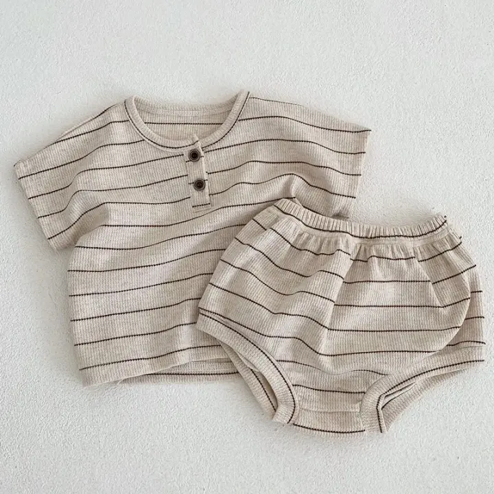Conjunto de ropa de bebé con forro de verano, camiseta a rayas y bombachos, 2 uds., traje de ropa para niño, conjunto de ropa nfant de algodón puro, 2024 - 1