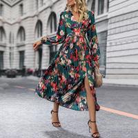 Vestido plisado de manga larga con cuello en V para mujer, estampado verde vintage, primavera y otoño - details 0