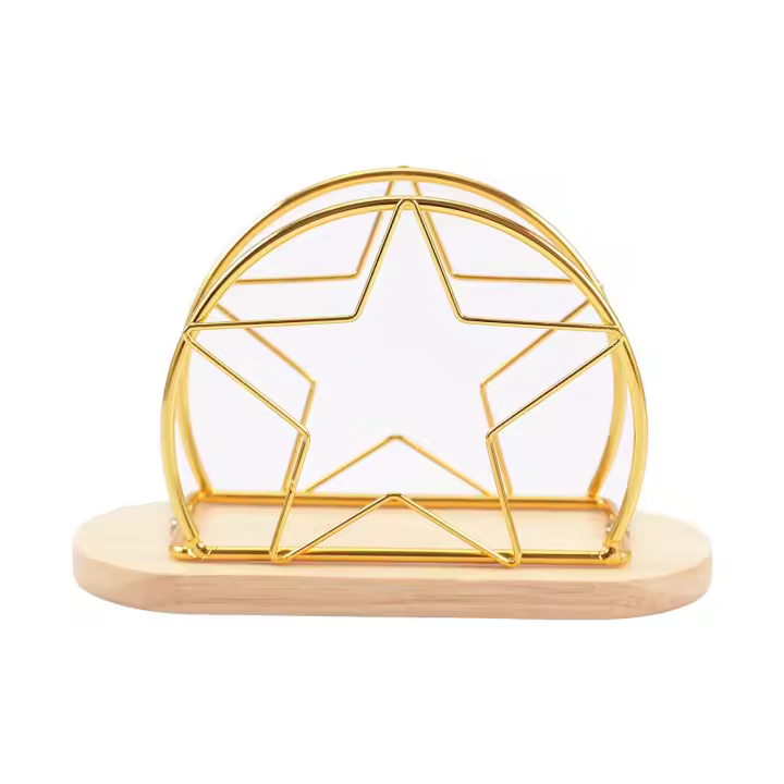 Servilleteros de pie de hierro modernos, soporte decorativo de papel tisú negro/dorado con Base de madera, dispensador de servilletas para cocina - 1