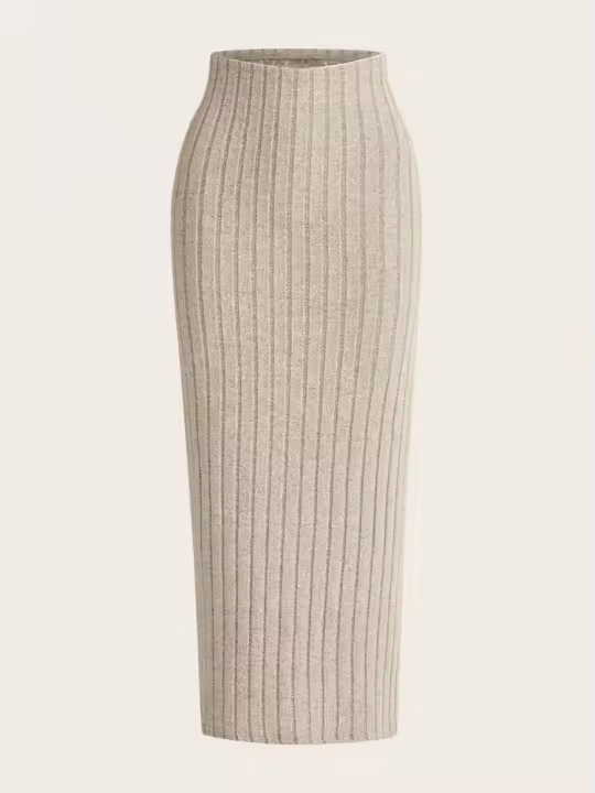 Mujeres de tubo de punto acanaladas de color sólido casual, falda elegante de cintura alta para otoño A Spri, Clothi - 1