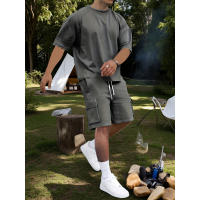 Conjunto Deportivo Casual para Hombres Camiseta de Poliéster con Estilo de Pelua y Shorts con Cinturón Perfecto para el Verano, Lavable en Máquina - details 2