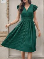 Vestido plisado de verano para mujer, manga corta, color sólido - details 1