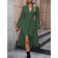 Vestido Elegante de Color Sólido para Mujer Primavera Otoño 2025 Cuello en V Manga Larga con Abertura Promoción - details 8