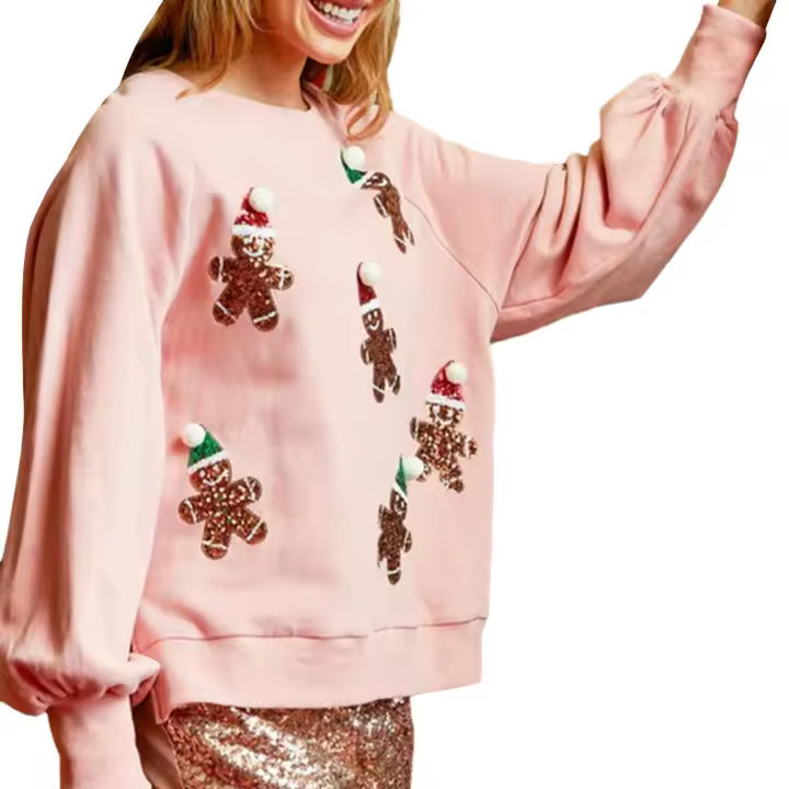 Sudadera navideña con estampado de Papá Noel para mujer, suéteres de lentejuelas, jersey de manga larga de gran tamaño, puente brillante, otoño - 1