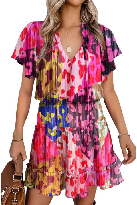 Elrachen Mini vestido de mujer de manga corta con volantes escalonados, estampado de leopardo rosa, tallas S-XL - 1