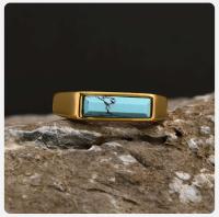 Vnox Sello de piedra natural para hombres y mujeres, banda de dedo de acero inoxidable chapada en oro unisex, regalo de anillo fraternal - details 6