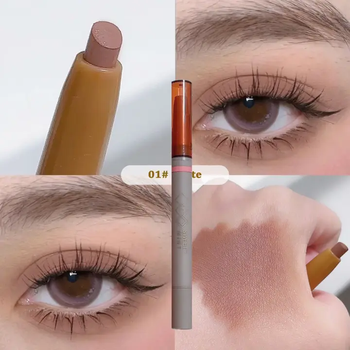 Barra de sombra de ojos sedosa de doble punta, lápiz de sombra de ojos desnudo mate con brillo rosa y marrón, con sombra de ojos, cepillo de tinte Halo dos en uno - 1
