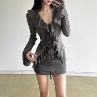 Nuevos tops para mujeres, top de encaje elegante con lazo y volantes en gasa blanca de ensueño - details 15