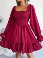 Vestido elegante de manga larga para mujer, falda de cuello cuadrado, de Color sólido vestido de volantes, moda de primavera y otoño - details 13