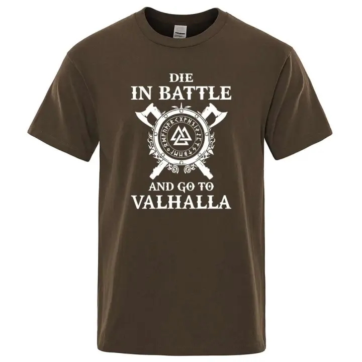 Camiseta con estampado vikingo para hombre, lema 'Mueres en batalla, ve a Valhalla', ropa de marca, estilo hip-hop, verano, talla grande - 1